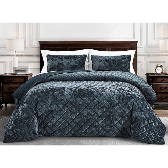 Chezmoi Collection Lux Storm Blue Velvet Quilt Queen Set, 3-Piece Lush Plush Distressed Velvet Bedding All Season Lightweight Bedspread Brushed Microfiber Reverse with Diamond Stitch Quilting