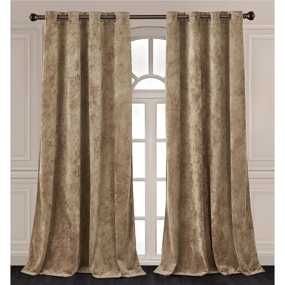 Chezmoi Collection Lux Tan Distressed Velvet Curtains 2 Panel Set, Room Darkening Luxury Velvet Grommet Top Window Drapes for Living Room Bedroom 50" W x 96" L