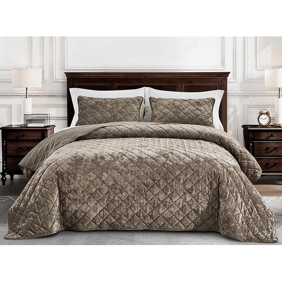 Chezmoi Collection Lux Taupe Velvet Quilt King Set, 3-Piece Lush Plush Distressed Velvet Bedding All Season Lightweight Bedspread Brushed Microfiber Reverse with Diamond Stitch Quilting