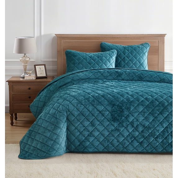 Chezmoi Collection Lux Teal Velvet Quilt Queen Set, 3-Piece Lush Plush Distressed Velvet Bedding All Season Lightweight Bedspread Brushed Microfiber Reverse with Diamond Stitch Quilting
