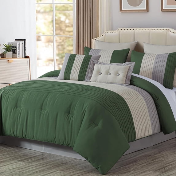 Chezmoi Collection Luxury Pleated Striped Comforter Set, California King, Forest Green/Gray/Cream, 8-Piece