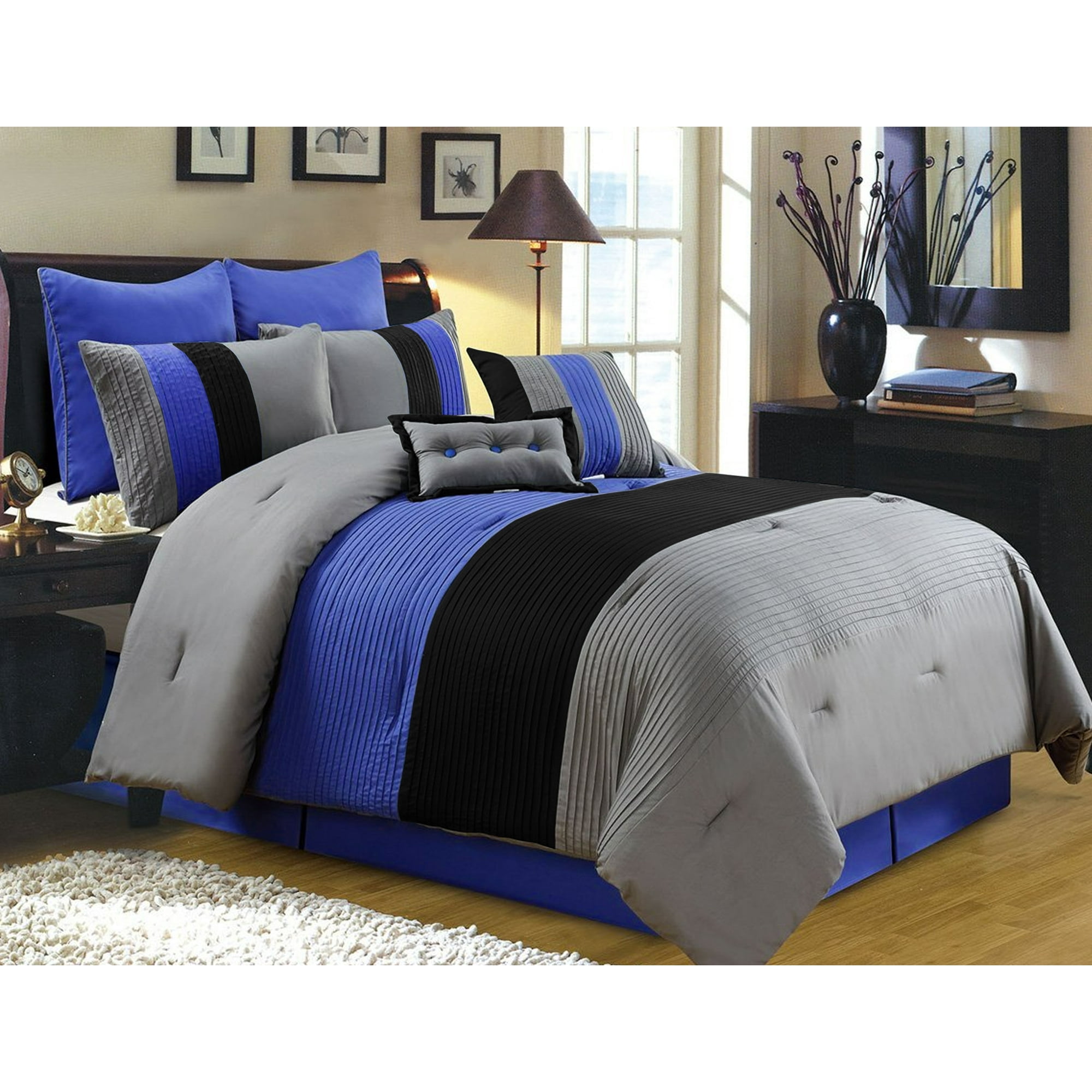 Chezmoi Collection California King Comforter Set - Luxury Pleated Stripes -  Grey, Black, Blue - 8-Pieces - Walmart.com, image size:2000x2000