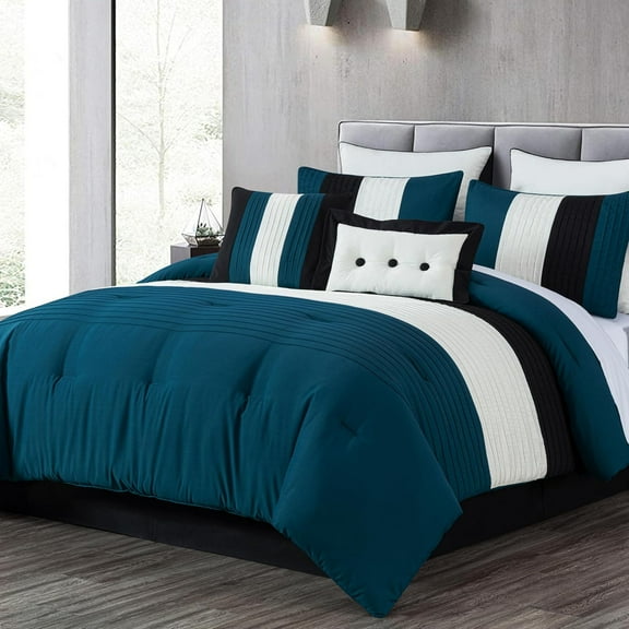 Chezmoi Collection Luxury Pleated Striped Comforter Set, California King, Teal/Black/White, 8-Piece