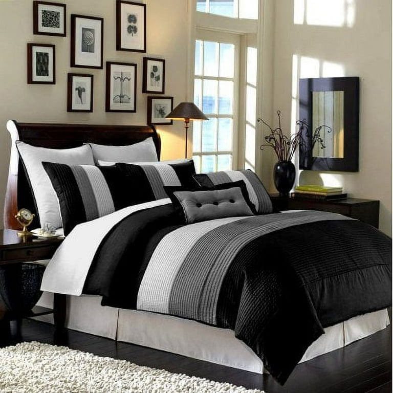 Chezmoi Collection Luxury Pleated Striped Comforter Set, Full, Black/White/Gray,  8-Piece 