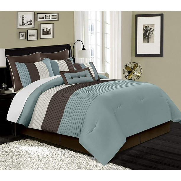Chezmoi Collection Luxury Pleated Striped Comforter Set, Full, Blue