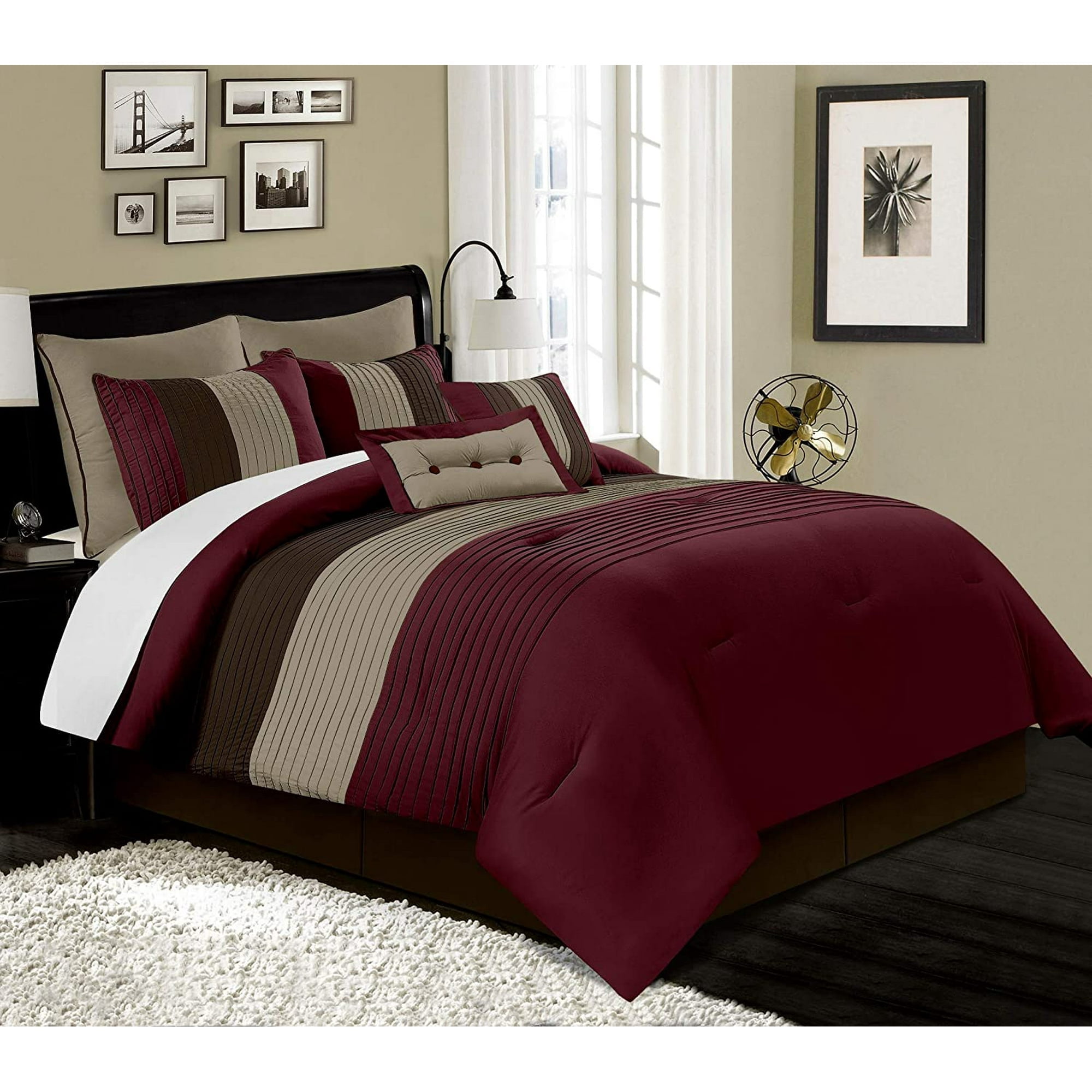 Full Burgundy Microfiber Comforter Set with Pleated Stripes