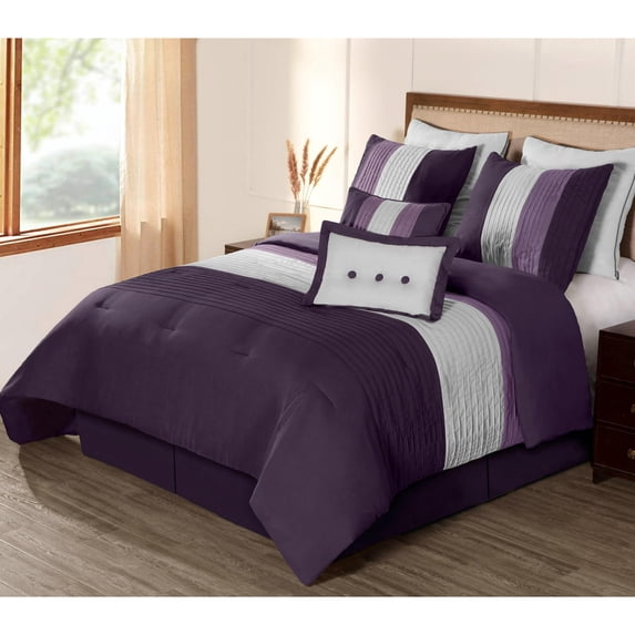 Chezmoi Collection Luxury Pleated Striped Comforter Set, Full, Purple/Lavender/Gray, 8-Piece