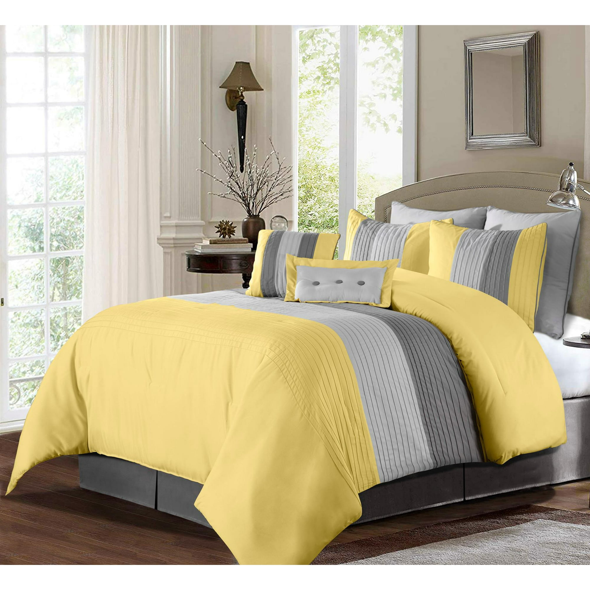 Chezmoi Collection Luxury Pleated Striped Comforter Set, Full, Yellow