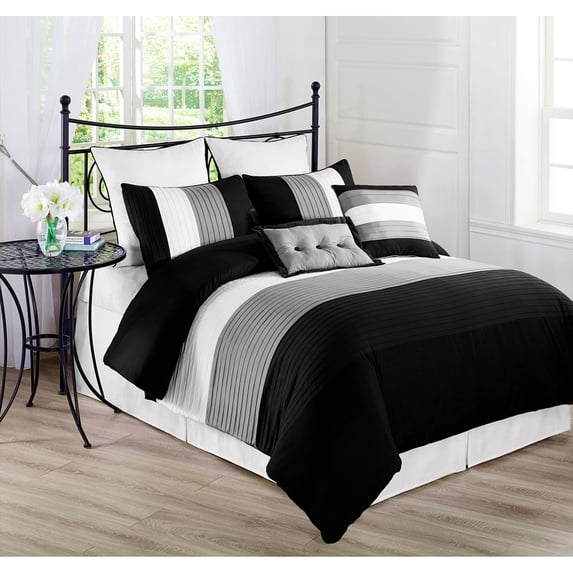 Chezmoi Collection Luxury Pleated Striped Comforter Set, King, Black/White/Gray, 8-Piece