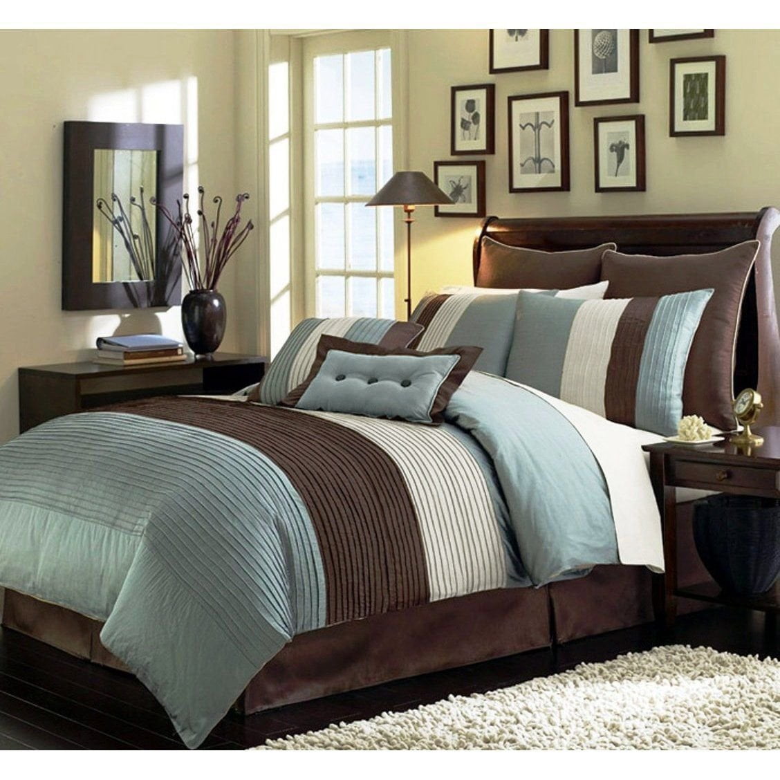King Blue Brown Beige Pleated Stripe Comforter Set