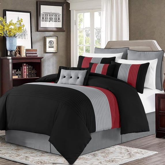 Chezmoi Collection Luxury Pleated Striped Comforter Set, King, Red/Black/Gray, 8-Piece