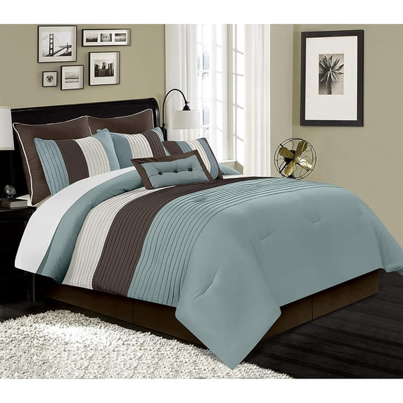 Chezmoi Collection Luxury Pleated Striped Comforter Set, Queen, Blue/Brown/Beige, 8-Piece