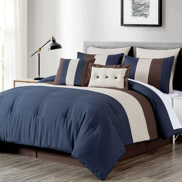 Chezmoi Collection Luxury Pleated Striped Comforter Set, Queen, Midnight Blue/Brown/Coffee Cream, 8-Piece