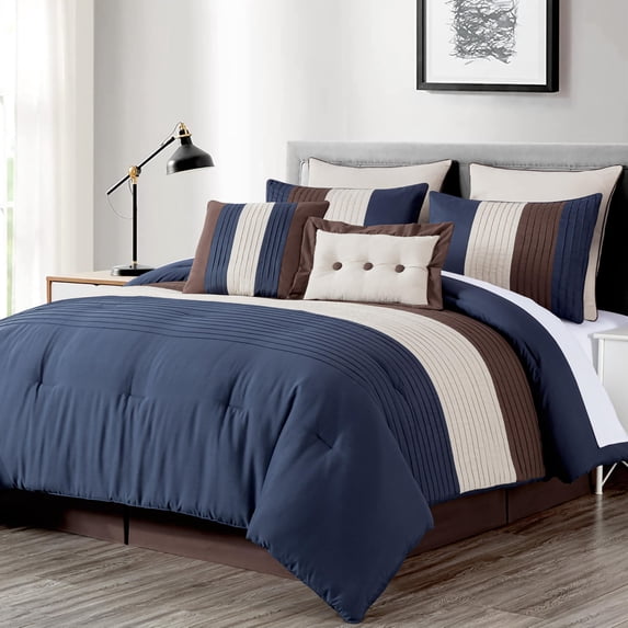 Chezmoi Collection Luxury Pleated Striped Comforter Set, Queen, Midnight Blue/Brown/Coffee Cream, 8-Piece