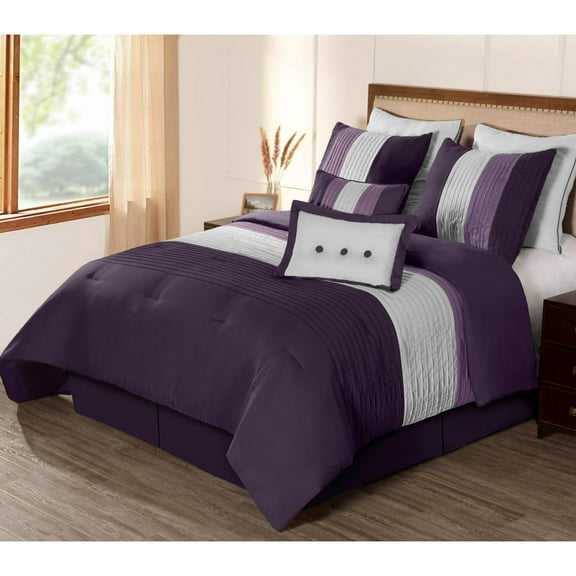 Chezmoi Collection Luxury Pleated Striped Comforter Set, Queen, Purple/Lavender/Gray, 8-Piece