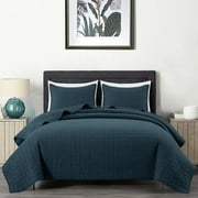 Chezmoi Collection Madrid Herringbone Geometric Solid Cotton Lightweight Quilt, 3-Piece Quilt Set, King, Dark Blue