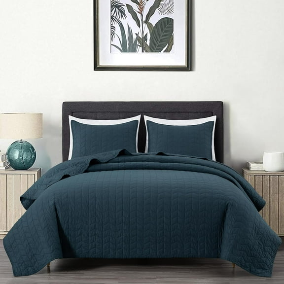 Chezmoi Collection Madrid Herringbone Geometric Solid Cotton Lightweight Quilt, 3-Piece Quilt Set, King, Dark Blue