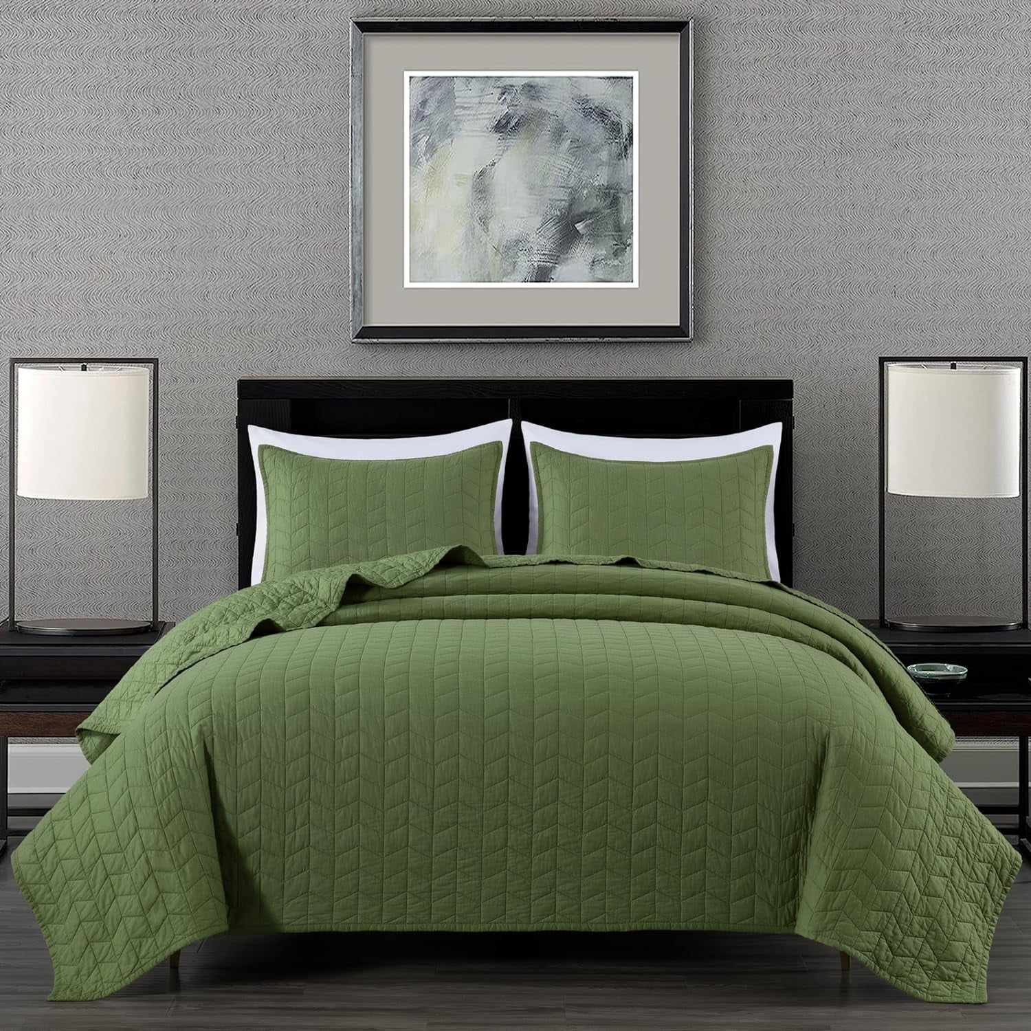 Chezmoi Collection 3-Piece Loden Green Geometric Quilt Bedding Sets, King