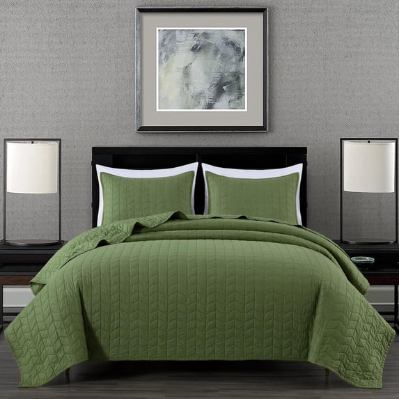 Chezmoi Collection 3-Piece Loden Green Geometric Quilt Bedding Sets, King