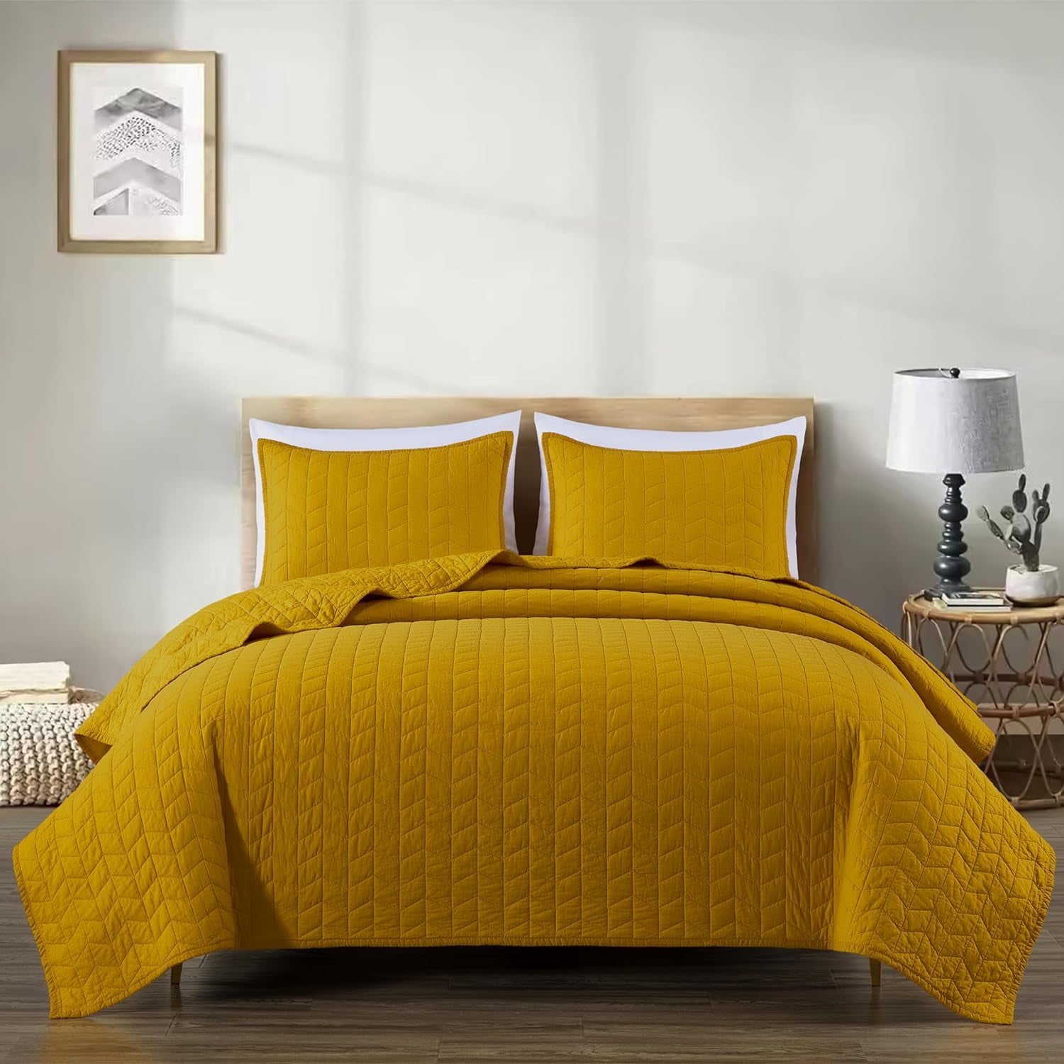 Mustard Yellow King Cotton Reversible Quilt Set