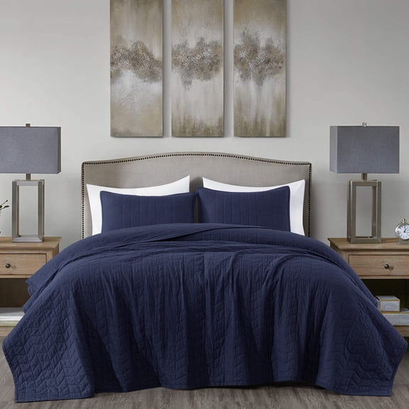 Chezmoi Collection Madrid Herringbone Geometric Solid Cotton Lightweight Quilt, 3-Piece Quilt Set, King, Navy Blue