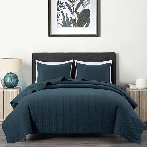 Chezmoi Collection Madrid Herringbone Geometric Solid Cotton Lightweight Quilt, 3-Piece Quilt Set, Queen, Dark Blue
