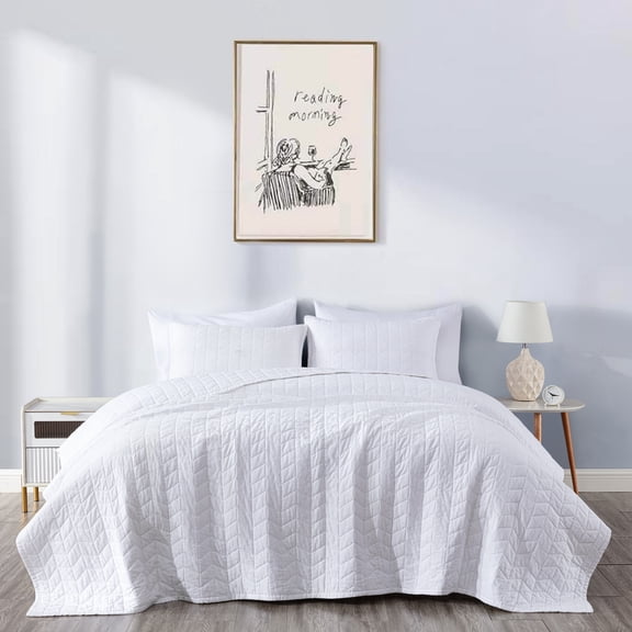 Chezmoi Collection Madrid Herringbone Geometric Solid Cotton Lightweight Quilt, 3-Piece Quilt Set, Queen, White