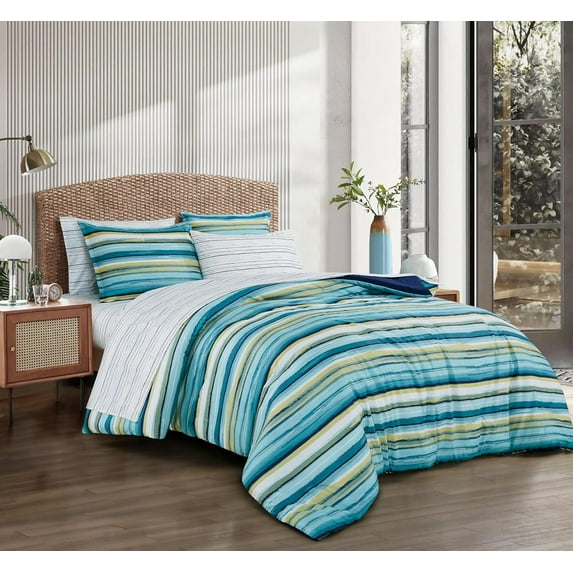 Chezmoi Collection Marvin 7-Piece Coastal Lodge Bed in a Bag King Comforter Set, Green Blue White Striped Printed Microfiber Bedding Set