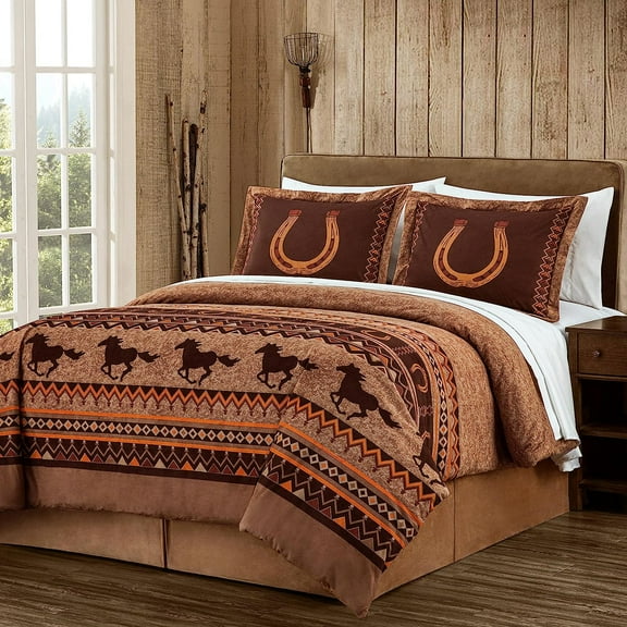 Chezmoi Collection Maverick 7-Piece Queen Microsuede Bed in a Bag Comforter Set - Southwestern Wild Horses Russet Brown Bedding Set with Comforter and Sheets