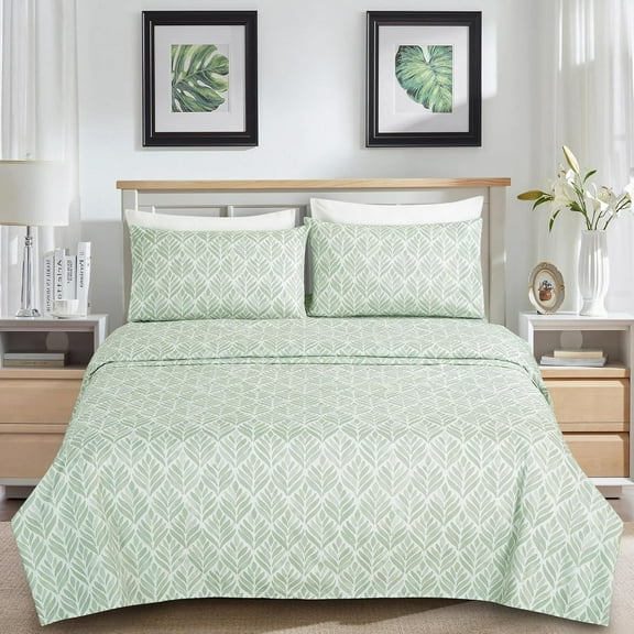 Chezmoi Collection Medina 3-Piece Tranquil Leaf Bed Sheet Set, Soft Green White Leaves Printed Microfiber 14-Inches Deep Pocket Sheets & Pillowcases Set, Twin XL
