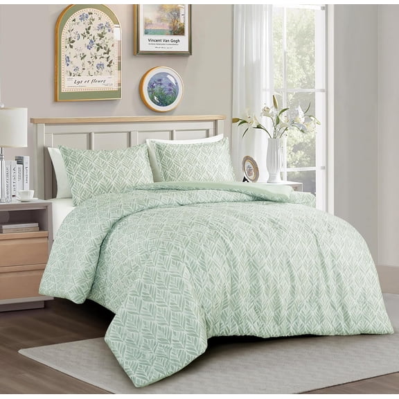Chezmoi Collection Medina 3-Piece Tranquil Leaf Comforter Set Full, Soft Green White Leaves Printed Microfiber Lightweight Bedding Set for All season