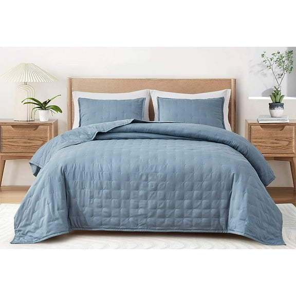 Chezmoi Collection Milo 3-Piece Soft Cooling Bamboo Fiber Cross-Stitch Quilted Coverlet Set (Queen, Blue)