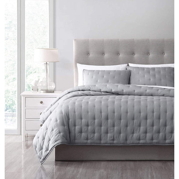 Chezmoi Collection Milo 3-Piece Soft Cooling Bamboo Fiber Cross-Stitch Quilted Coverlet Set (Queen, Light Gray)