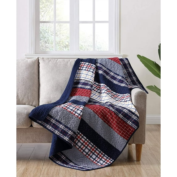 Chezmoi Collection Milton 1-Piece Plaid Checkered Patchwork Quilted Throw - Soft Breathable Vintage Washed Cotton Reversible Quilt for All Seasons. Throw Blanket