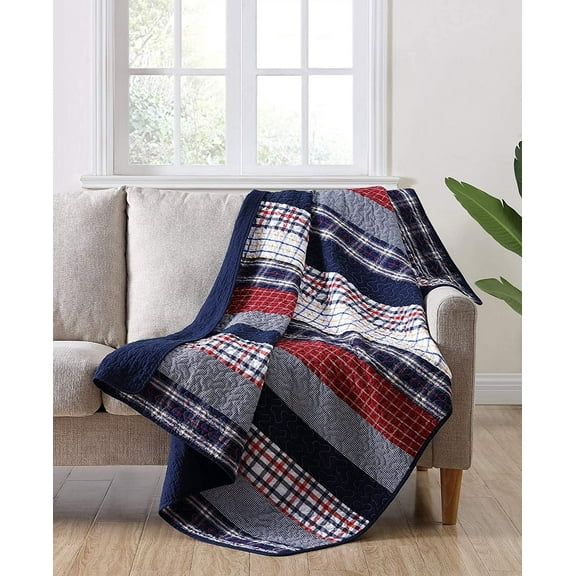 Chezmoi Collection Milton 1-Piece Plaid Checkered Patchwork Quilted Throw - Soft Breathable Vintage Washed Cotton Reversible Quilt for All Seasons. Throw Blanket