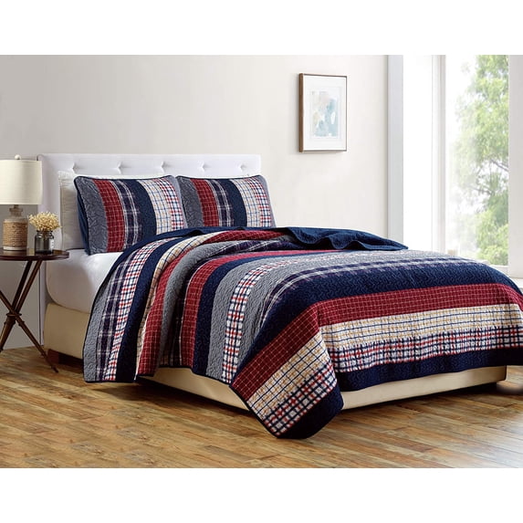 Chezmoi Collection Milton 2-Piece Plaid Checkered Patchwork Striped Quilted 100% Vintage Washed Cotton Reversible Bedspread Quilt Set