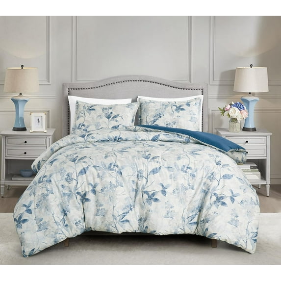 Chezmoi Collection Monica 3-Piece Boho Floral Comforter Set, Full, Blue Gray White Tropical Flower Textured Printed Microfiber Lightweight Bedding Set