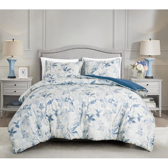 Chezmoi Collection Monica 3-Piece Boho Floral Comforter Set, King, Blue Gray White Tropical Flower Textured Printed Microfiber Lightweight Bedding Set