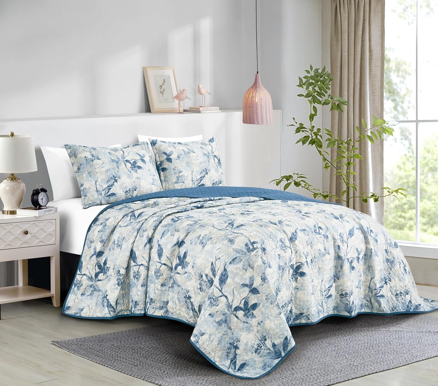 Chezmoi Collection Monica 3-Piece Tropical Floral Quilt Set King, Blue Gray White Textured Floral Printed Microfiber Lightweight Bedspread Set for All season