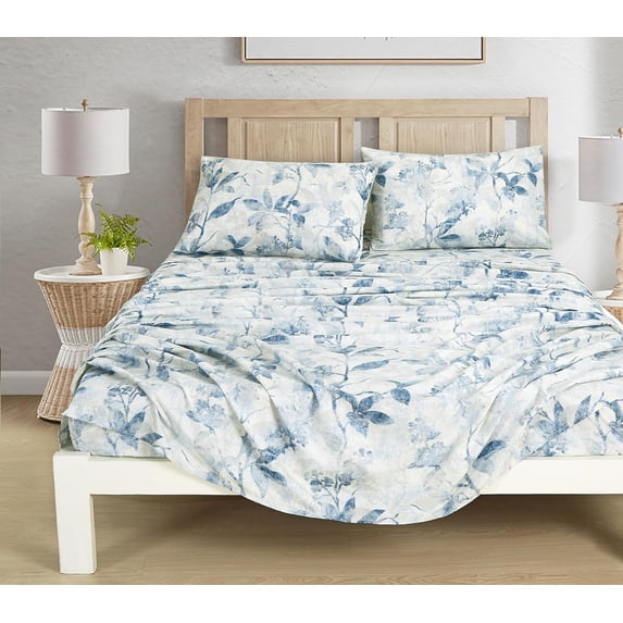 Chezmoi Collection Monica 4-Piece Tropical Floral Bed Sheet Set, Blue Gray White Textured Floral Printed Microfiber 14-Inches Deep Pocket Sheets & Pillowcases Set, King