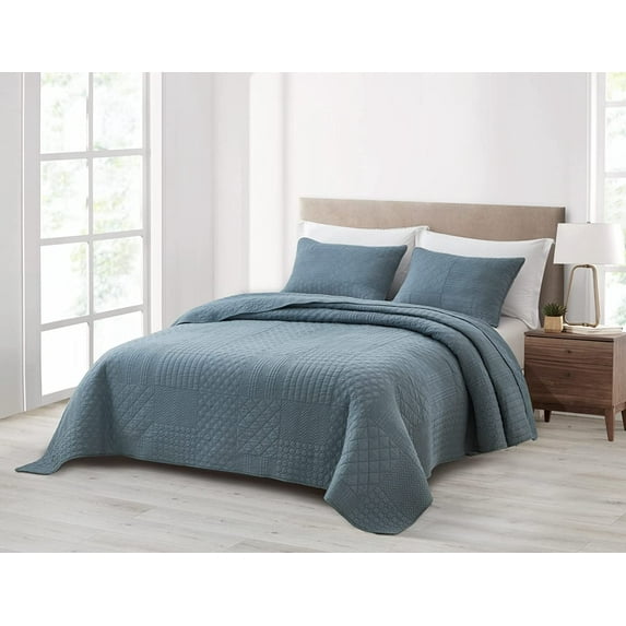 Chezmoi Collection Motley 2-Piece Geometric Embroidered Patchwork Pre-Washed Cotton Quilt Set