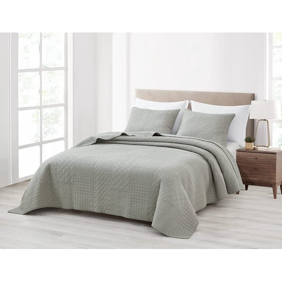 Chezmoi Collection Motley 3-Piece Geometric Embroidered Patchwork Pre-Washed Cotton Quilt Set