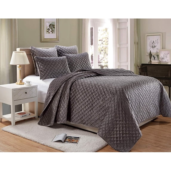 Chezmoi Collection Nina 3-Piece Modern Diamond Pattern Solid Velvet Quilt Set