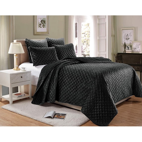 Chezmoi Collection Nina 3-Piece Modern Diamond Pattern Solid Velvet Quilt Set