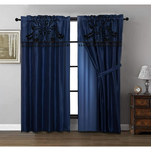 Chezmoi Collection Nobility 4-Piece Flocked Floral Faux Silk Window Curtain Set, Navy/Black