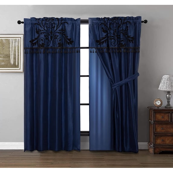Chezmoi Collection Nobility 4-Piece Flocked Floral Faux Silk Window Curtain Set, Navy/Black