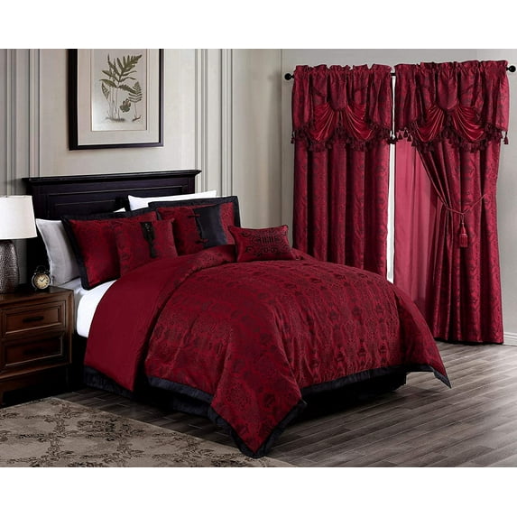Chezmoi Collection Noble 7-Piece Oriental Red Black Jacquard Comforter Set, King Size