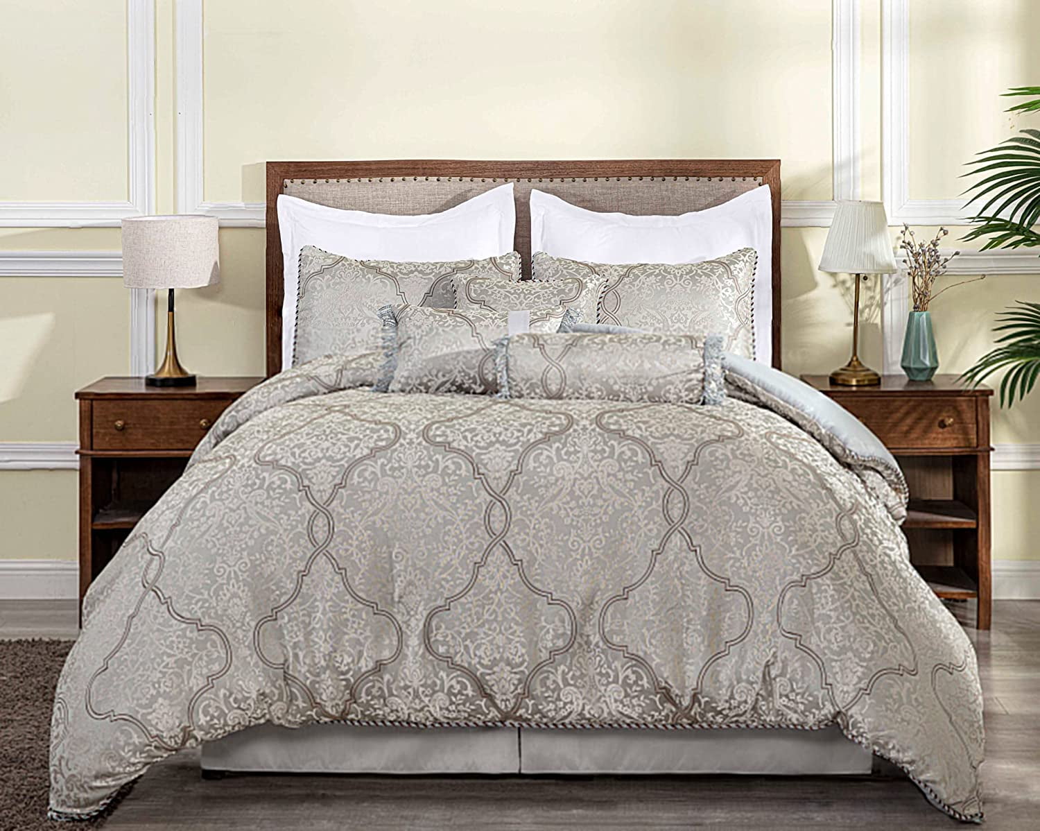 Chezmoi Collection Noelle 7Piece Cal King Bedding Set Silver Gray
