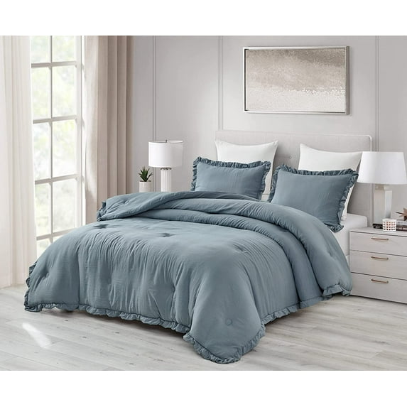 Chezmoi Collection Nora 2-Piece Dusty Blue Ruffled Edge Trim Microfiber Comforter Set, Twin Size
