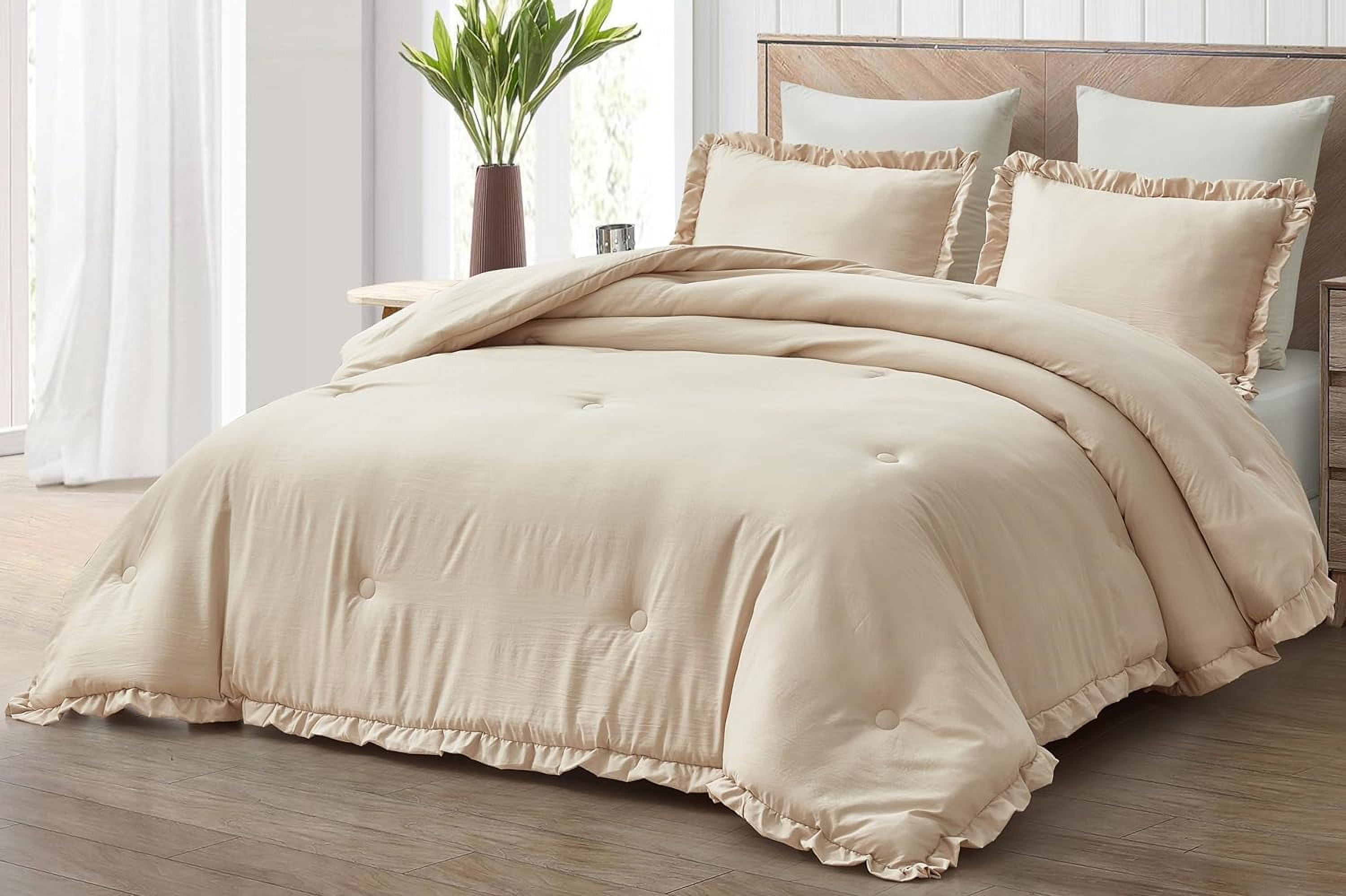 Twin Size Light Sand Microfiber Comforter Set with Ruffled Trim